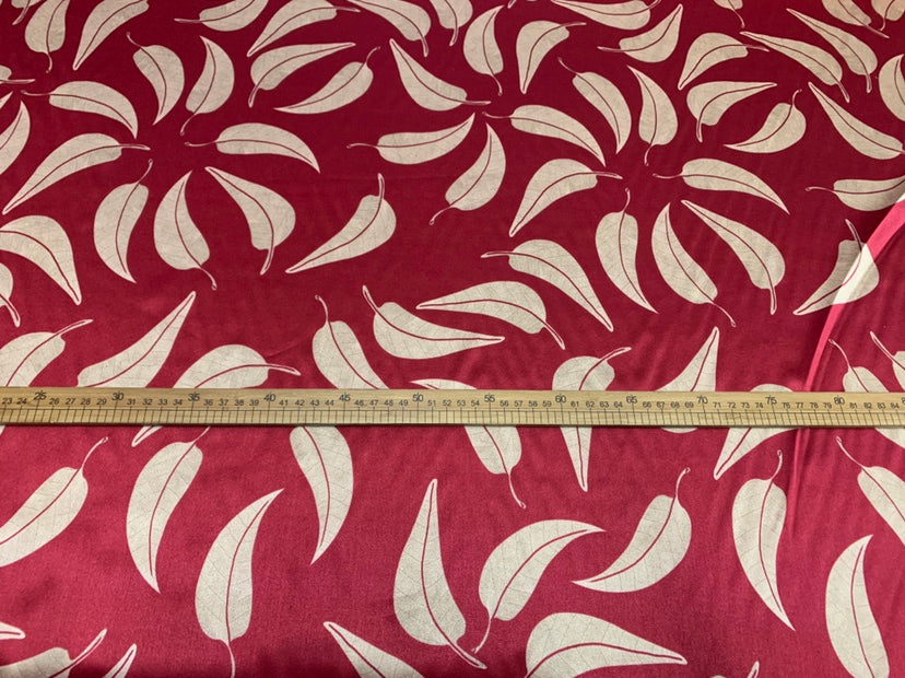 CHYEZX - 19 Momme Wine Red Background Leaves Pattern Digital Print Stretch Silk Satin Fabric - 140cm wide by the Yard