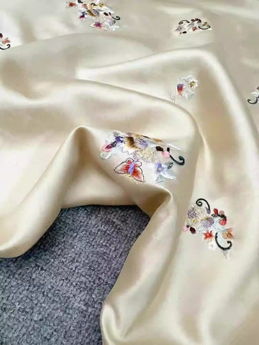 CJZGJSS - Embroidered silk-wool satin fabric, 35 momme, 140 cm wide, sold by the yard