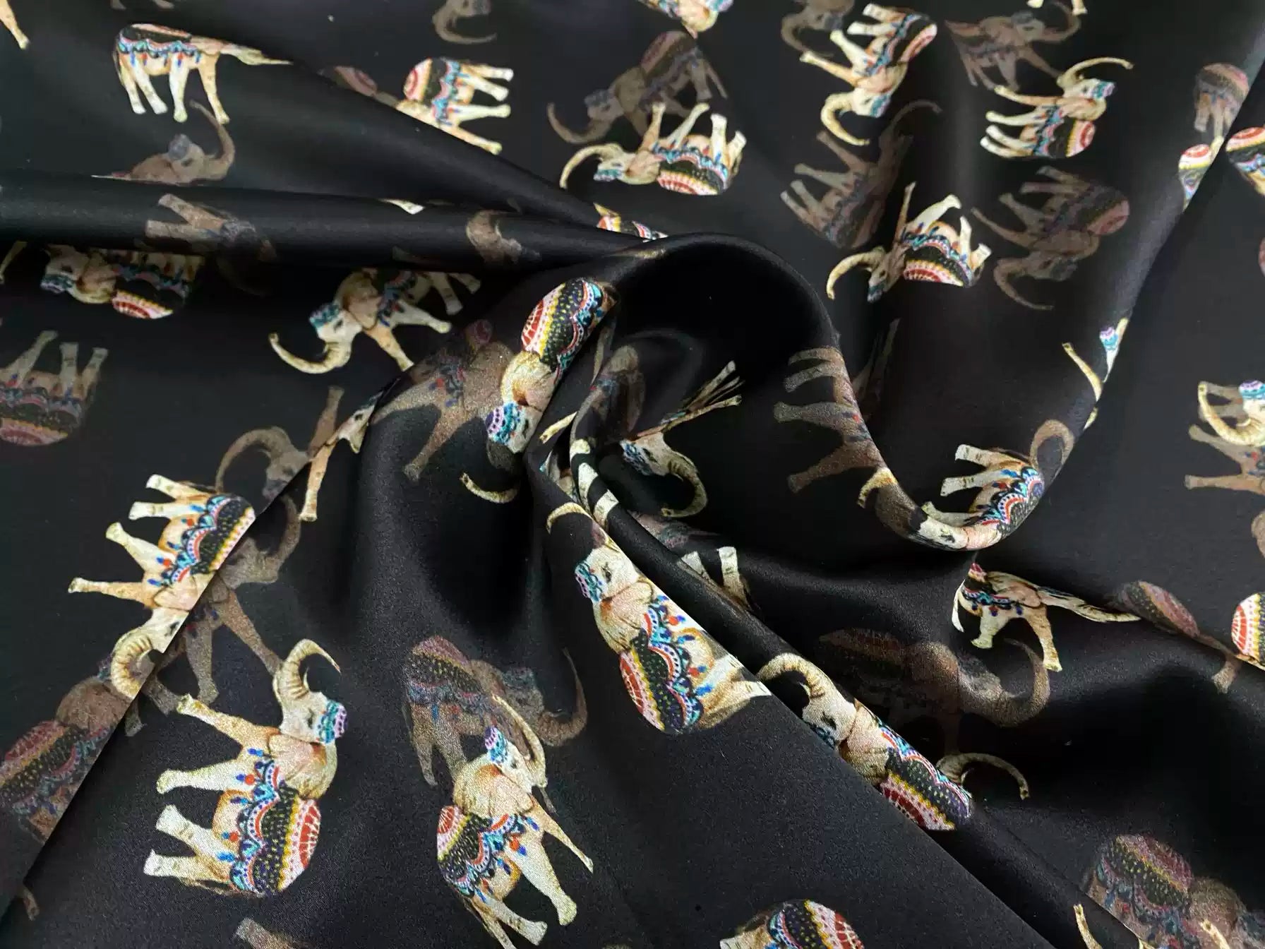 DAELEP - 19 Momme Elephant Pattern Digital Print Stretch Silk Satin Fabric - 140cm wide by the Yard