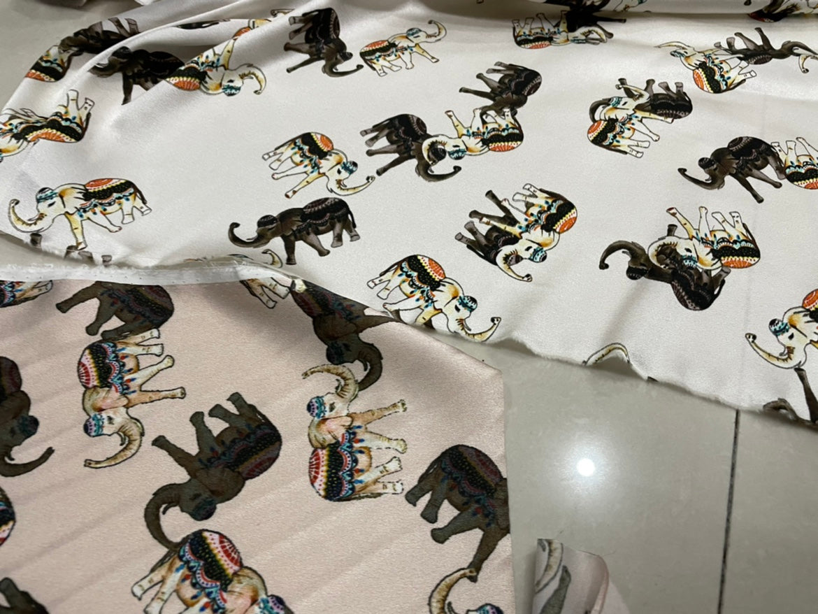 DAELEP - 19 Momme Elephant Pattern Digital Print Stretch Silk Satin Fabric - 140cm wide by the Yard