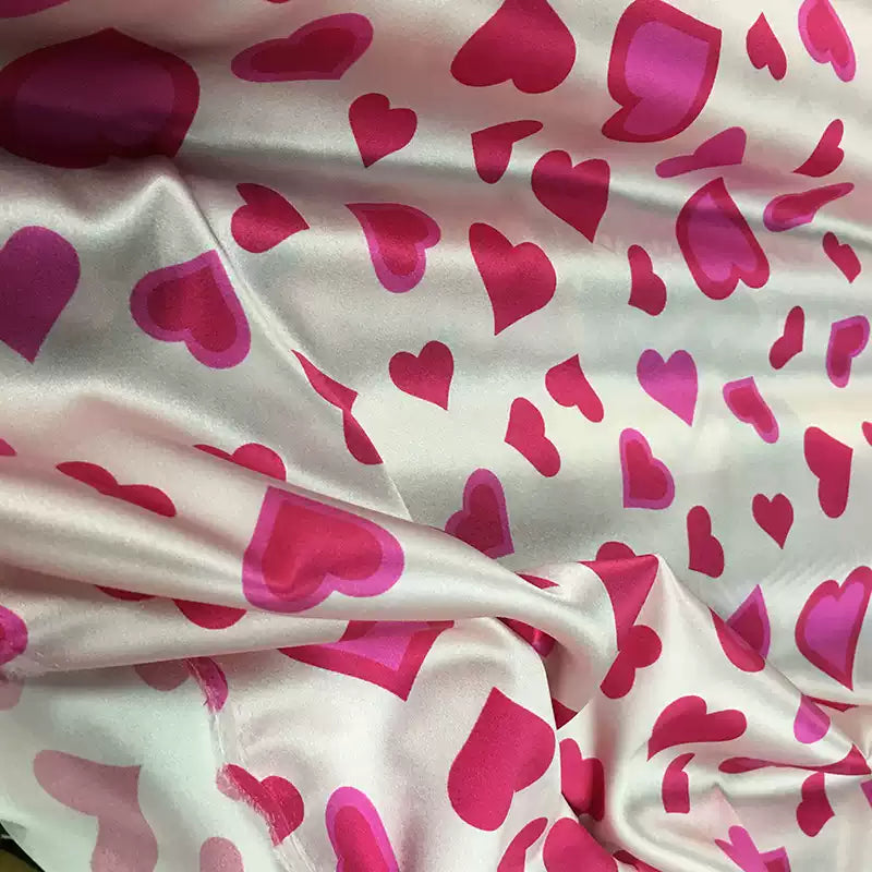FAIXIN - 19 Momme Pink Love Heart Pattern Digital Print Stretch Silk Satin Fabric - 108cm wide by the Yard