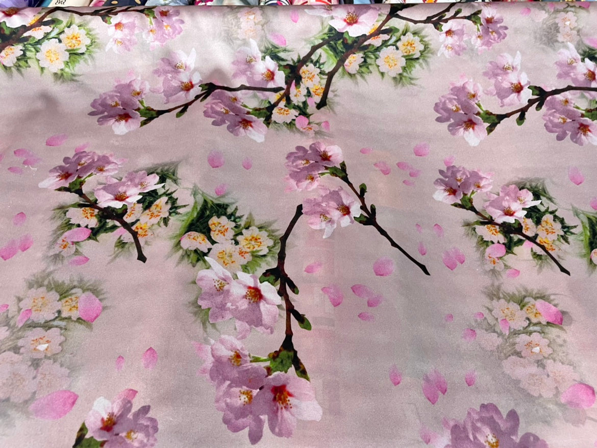 FENTAO - 19 Momme Pink Peach Blossom Pattern Digital Print Stretch Silk Satin Fabric - 108cm wide by the Yard