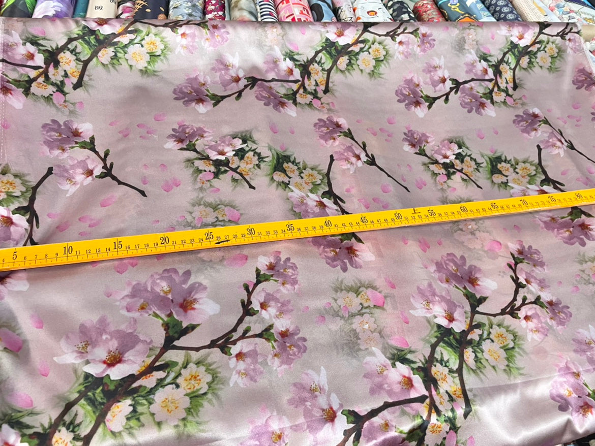 FENTAO - 19 Momme Pink Peach Blossom Pattern Digital Print Stretch Silk Satin Fabric - 108cm wide by the Yard
