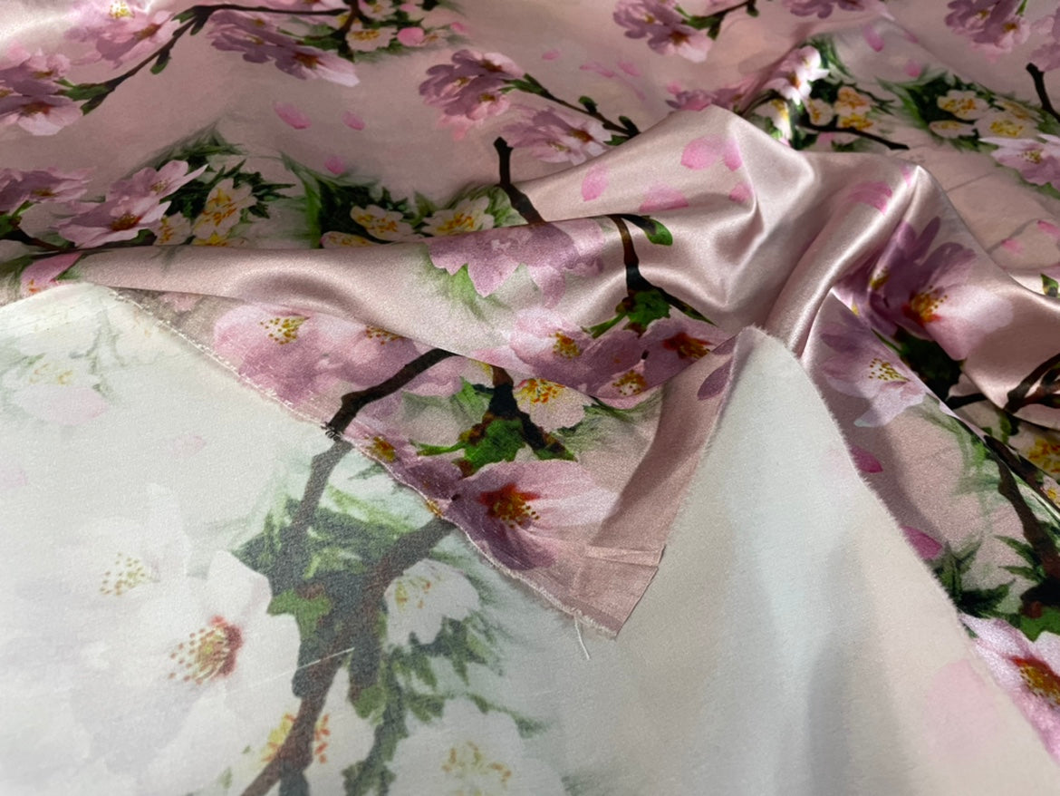 FENTAO - 19 Momme Pink Peach Blossom Pattern Digital Print Stretch Silk Satin Fabric - 108cm wide by the Yard