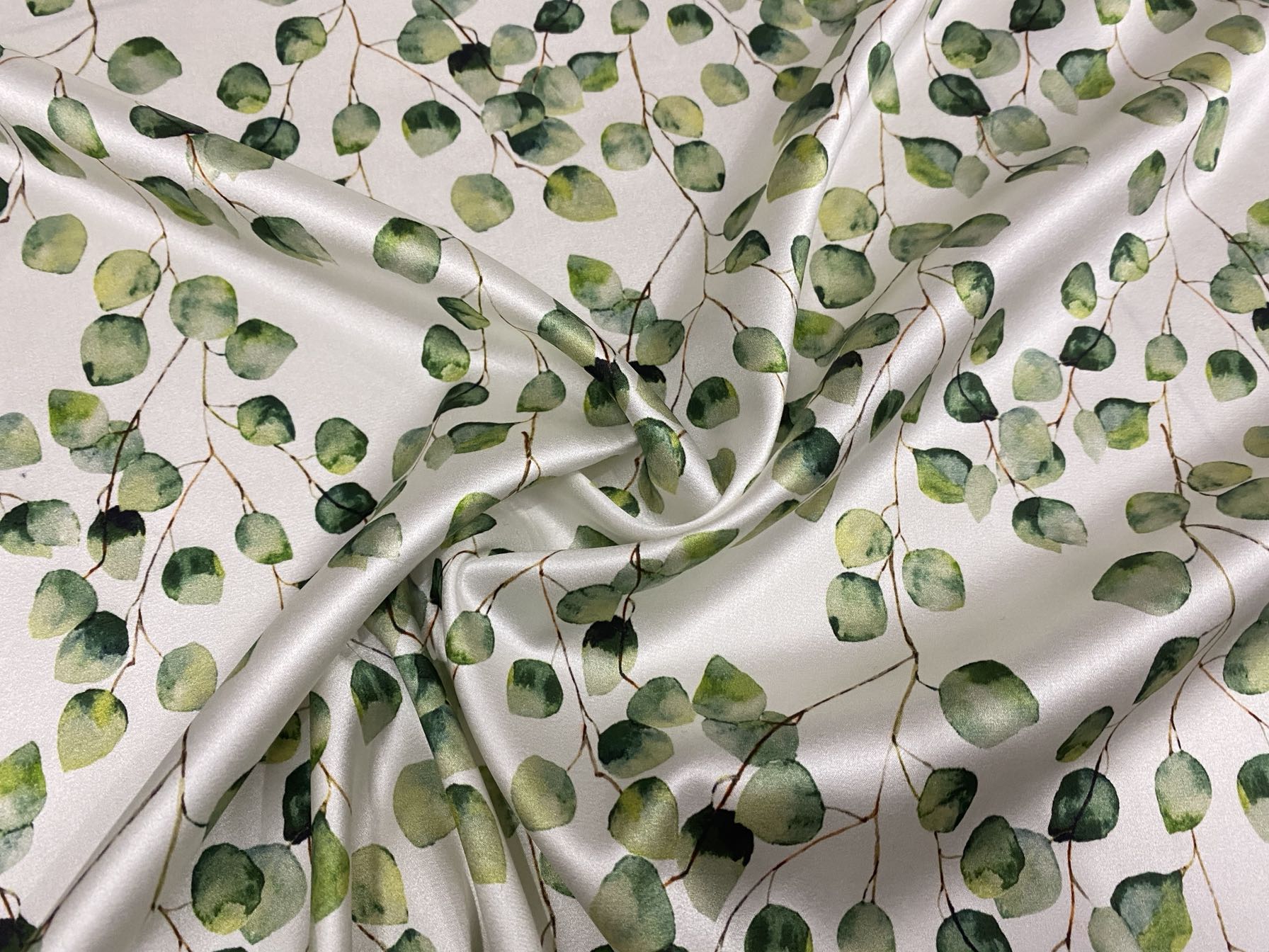 FRELVY - 19 Momme Fresh Green Leaves Pattern Digital Print Stretch Silk Satin Fabric - 140cm wide by the Yard