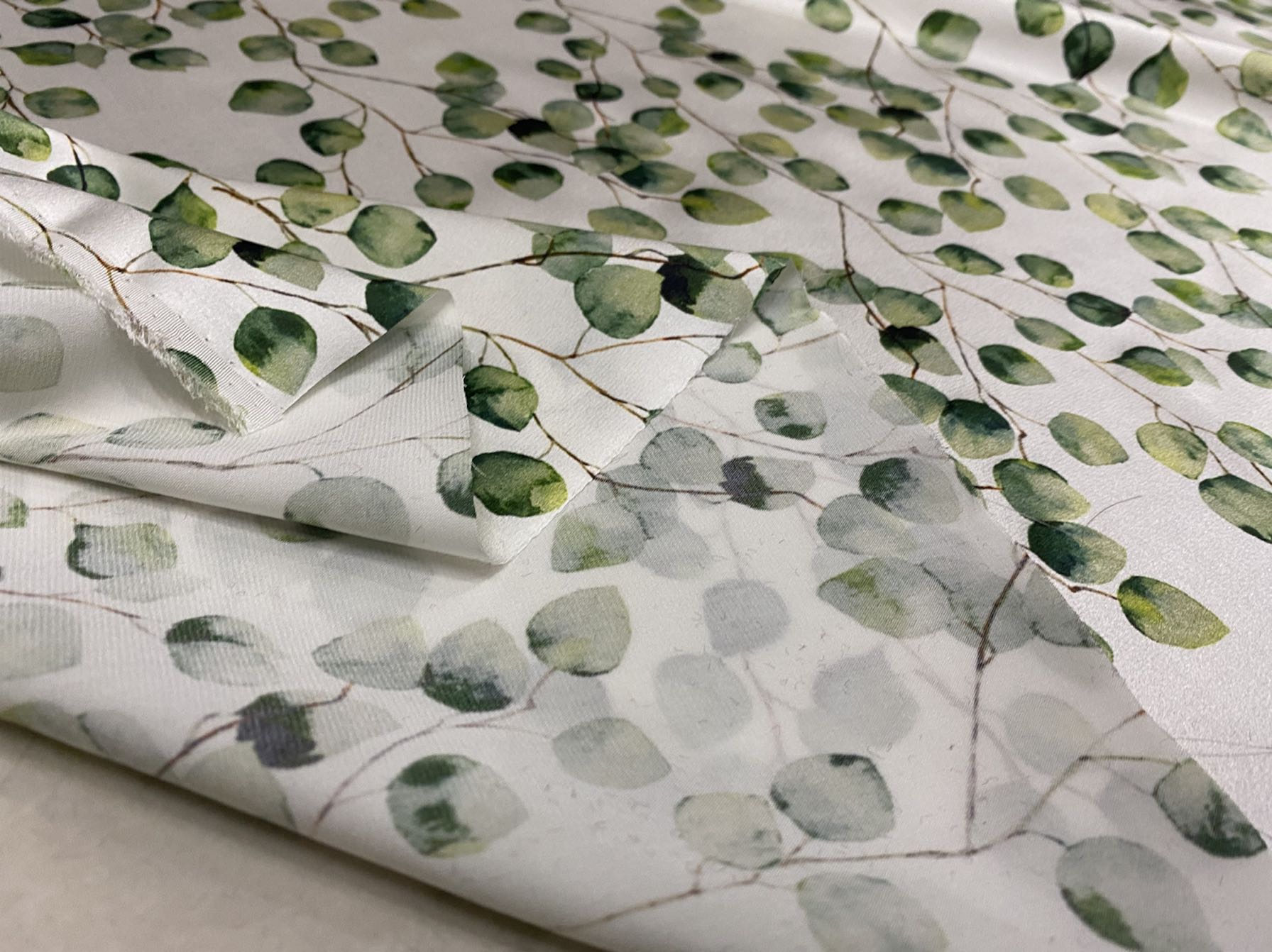 FRELVY - 19 Momme Fresh Green Leaves Pattern Digital Print Stretch Silk Satin Fabric - 140cm wide by the Yard