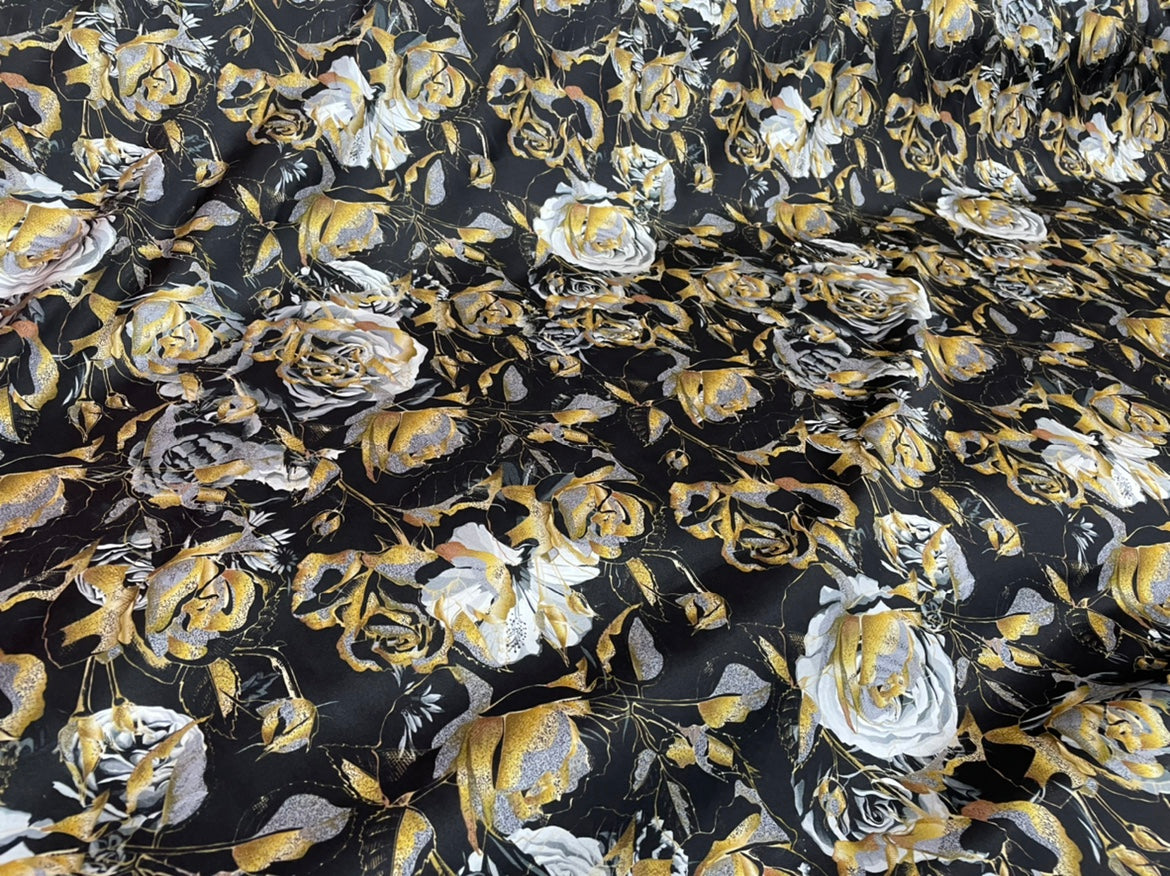 GOLDRO - 19 Momme Big Golden Rose on Black Background Pattern Digital Print Stretch Silk Satin Fabric - 140cm wide by the Yard