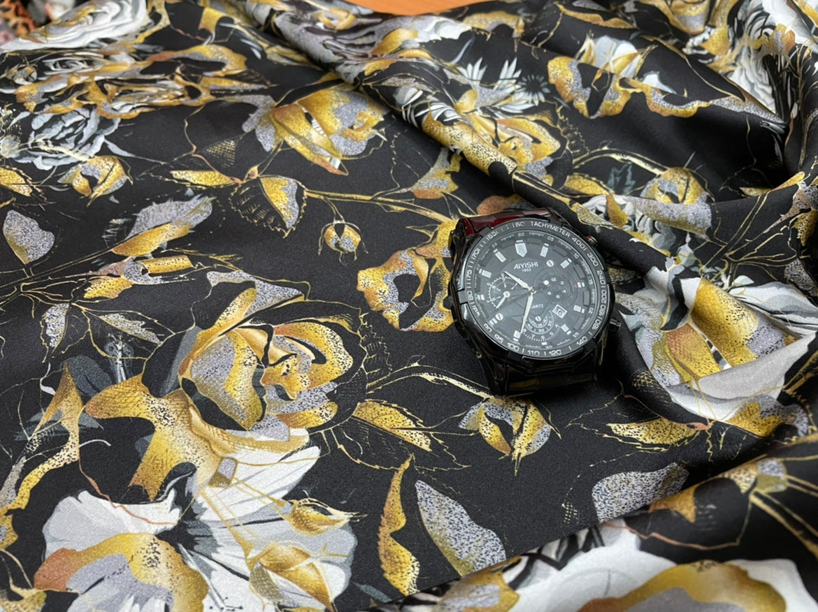 GOLDRO - 19 Momme Big Golden Rose on Black Background Pattern Digital Print Stretch Silk Satin Fabric - 140cm wide by the Yard
