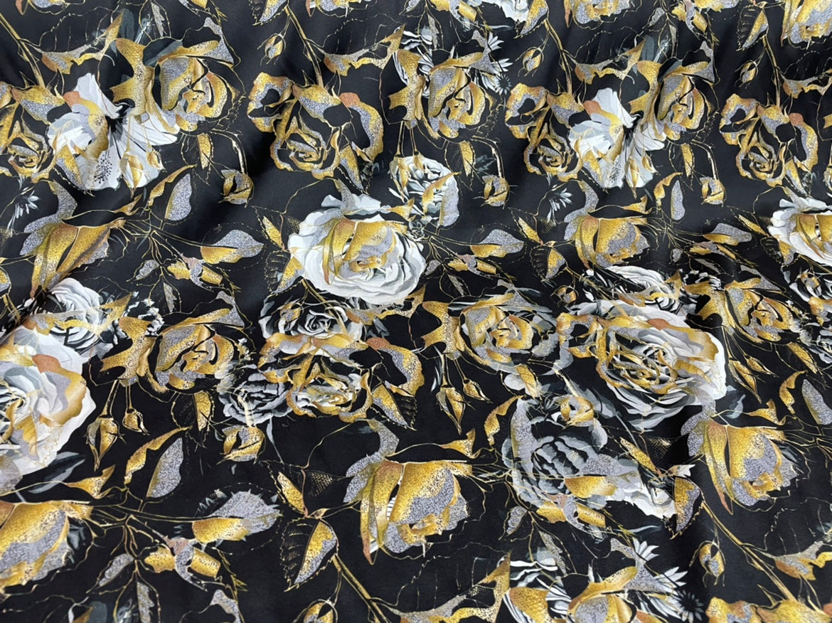 GOLDRO - 19 Momme Big Golden Rose on Black Background Pattern Digital Print Stretch Silk Satin Fabric - 140cm wide by the Yard