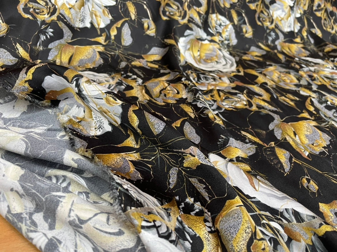 GOLDRO - 19 Momme Big Golden Rose on Black Background Pattern Digital Print Stretch Silk Satin Fabric - 140cm wide by the Yard