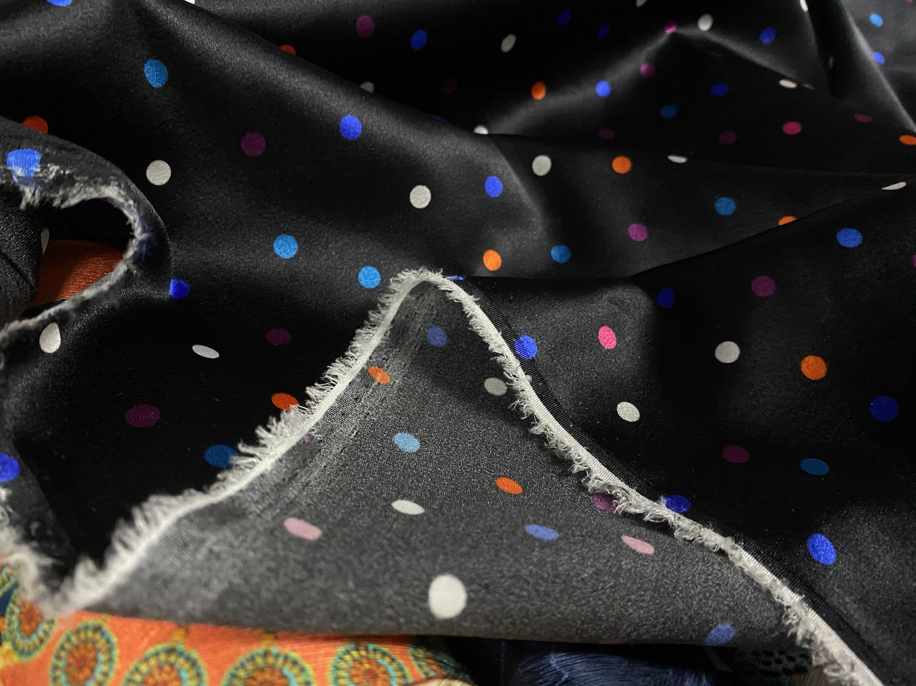 HECAIB - 19 Momme Black Background with Colorful Dots Pattern Digital Print Stretch Silk Satin Fabric - 108cm wide by the Yard