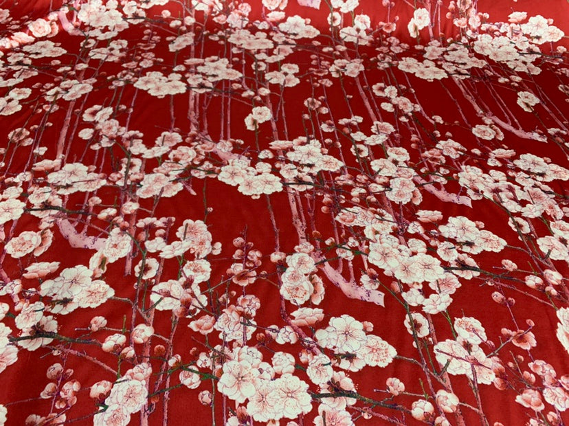 HONDME - 19 Momme Plum Blossoms on Branches Pattern Digital Print Stretch Silk Satin Fabric - 108cm wide by the Yard