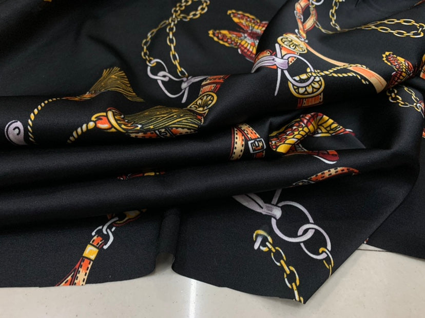 HUDLIA - 19 Momme Chain Butterfly Pattern Digital Print Stretch Silk Satin Fabric - 140cm wide by the Yard