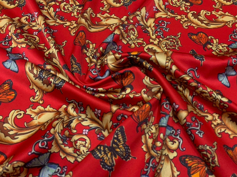 JINHUN - 19 Momme Golden Butterfly Pattern Digital Print Stretch Silk Satin Fabric - 140cm wide by the Yard