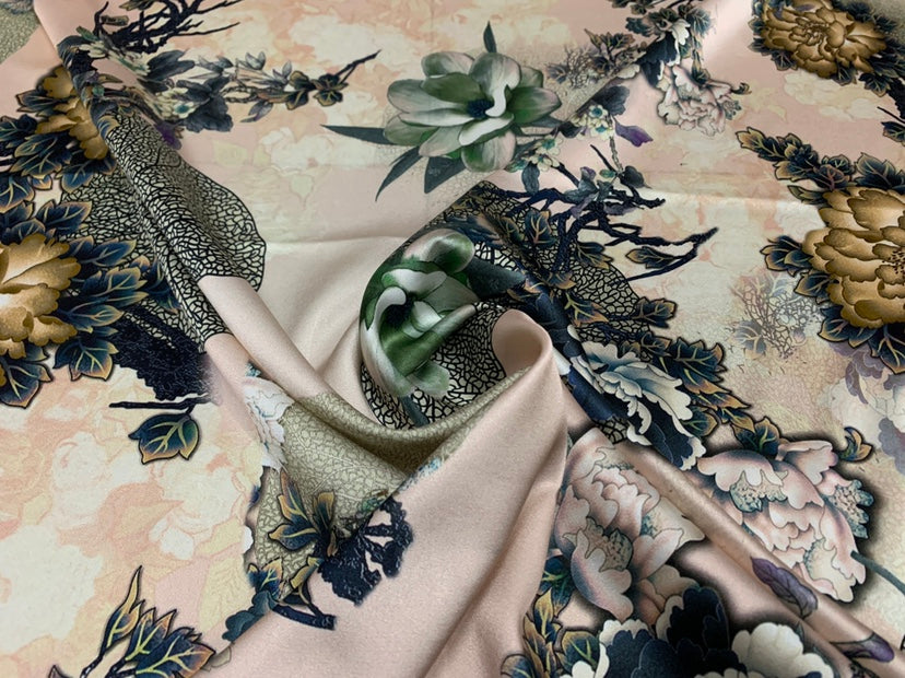 JINMUD - 19 Momme Elegant Flowers Pattern Digital Print Stretch Silk Satin Fabric - 140cm wide by the Yard