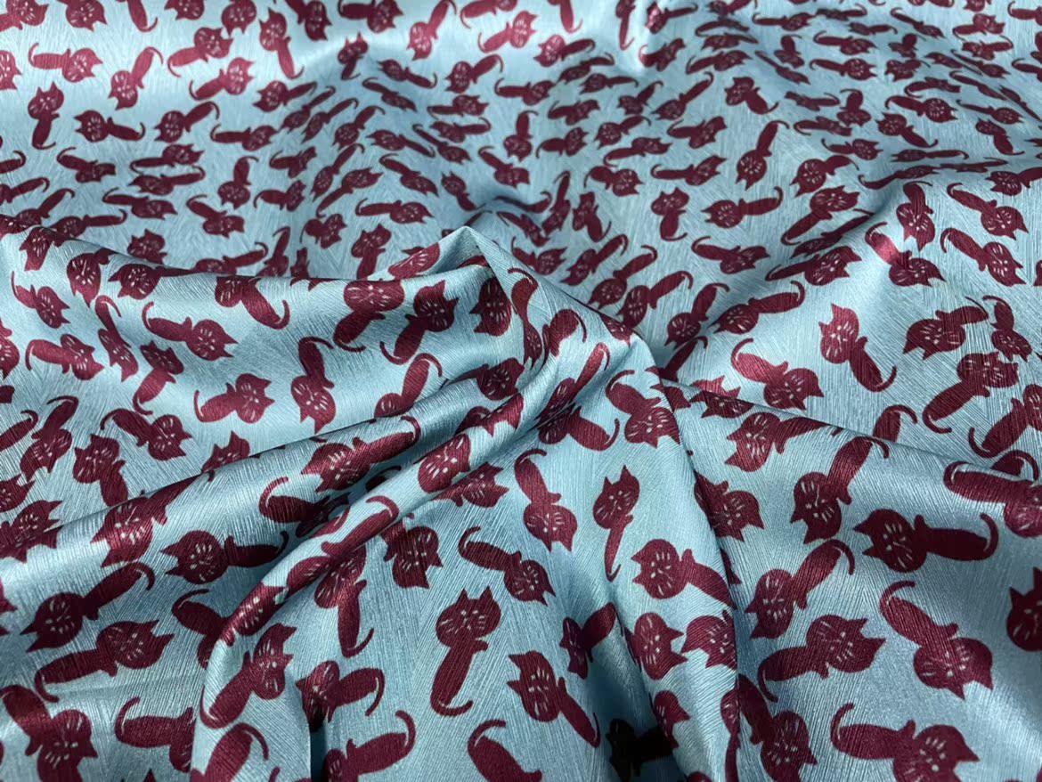 KATMAO - 19 Momme Reddish Brown Cartoon Cat on Blue Background Pattern Digital Print Stretch Silk Satin Fabric - 108cm wide by the Yard