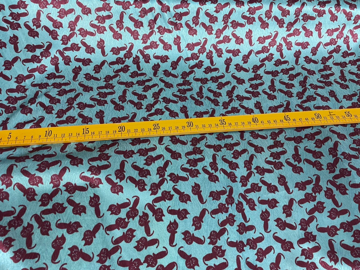 KATMAO - 19 Momme Reddish Brown Cartoon Cat on Blue Background Pattern Digital Print Stretch Silk Satin Fabric - 108cm wide by the Yard