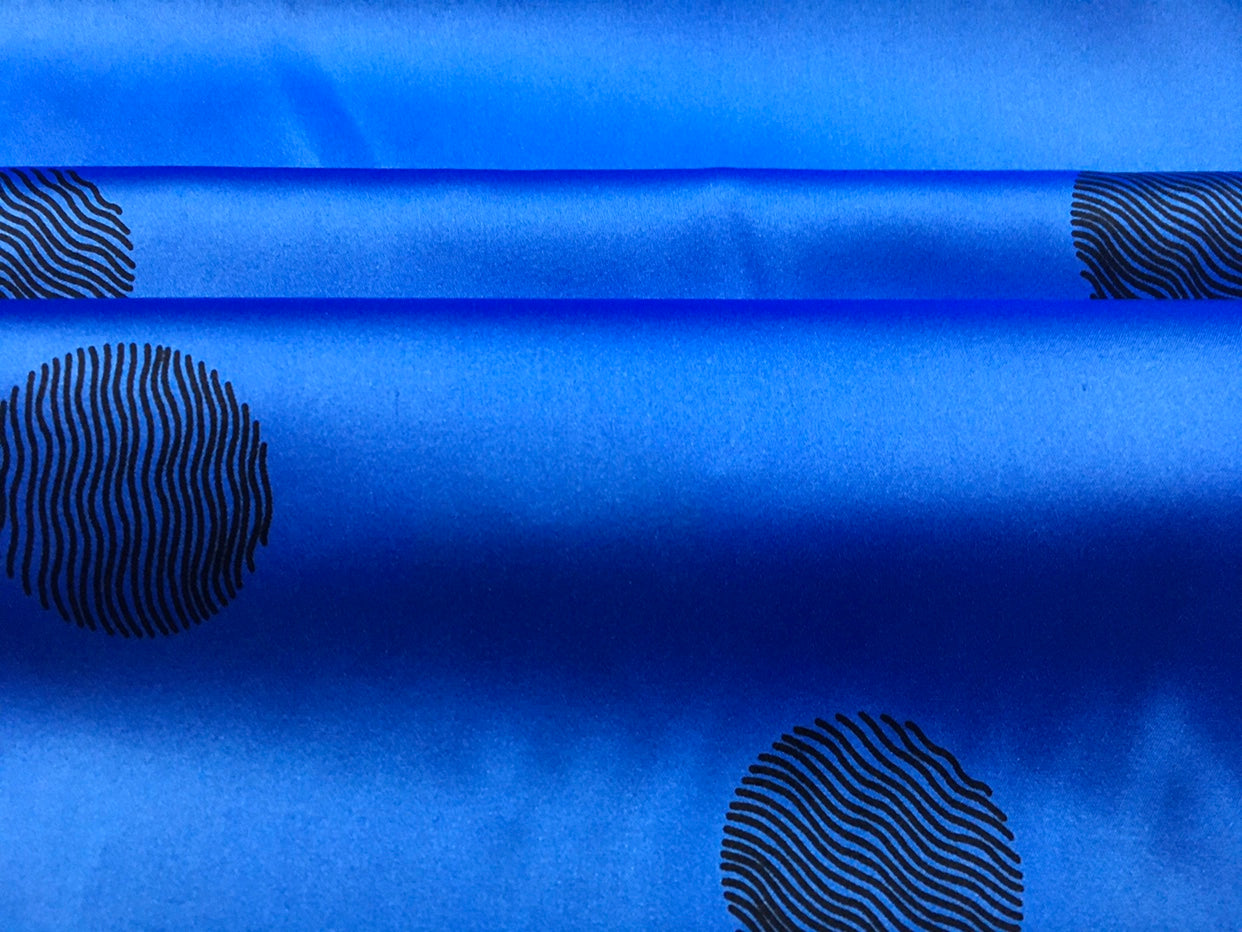 LANDOT - 19 Momme Blue Background with Black Dots Pattern Digital Print Stretch Silk Satin Fabric - 140cm wide by the Yard