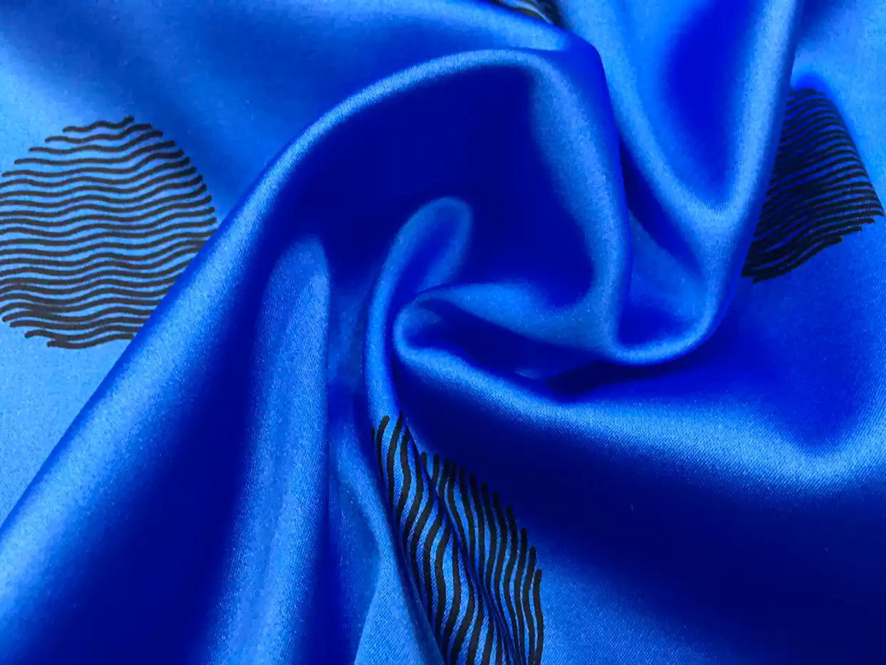 LANDOT - 19 Momme Blue Background with Black Dots Pattern Digital Print Stretch Silk Satin Fabric - 140cm wide by the Yard