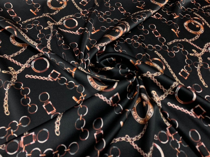 LIATIA - 19 Momme Chain Circle Pattern Digital Print Stretch Silk Satin Fabric - 140cm wide by the Yard