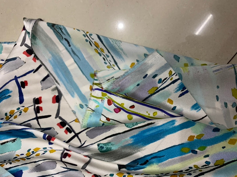 LINEFA - 19 Momme Floral Lines Pattern Digital Print Stretch Silk Satin Fabric - 140cm wide by the Yard