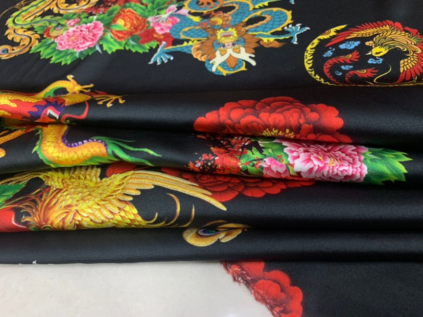LONGFES - 19 Momme Black Dragon and Phoenix Pattern Digital Print Stretch Silk Satin Fabric - 140cm wide by the Yard