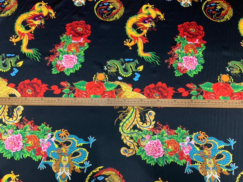 LONGFES - 19 Momme Black Dragon and Phoenix Pattern Digital Print Stretch Silk Satin Fabric - 140cm wide by the Yard