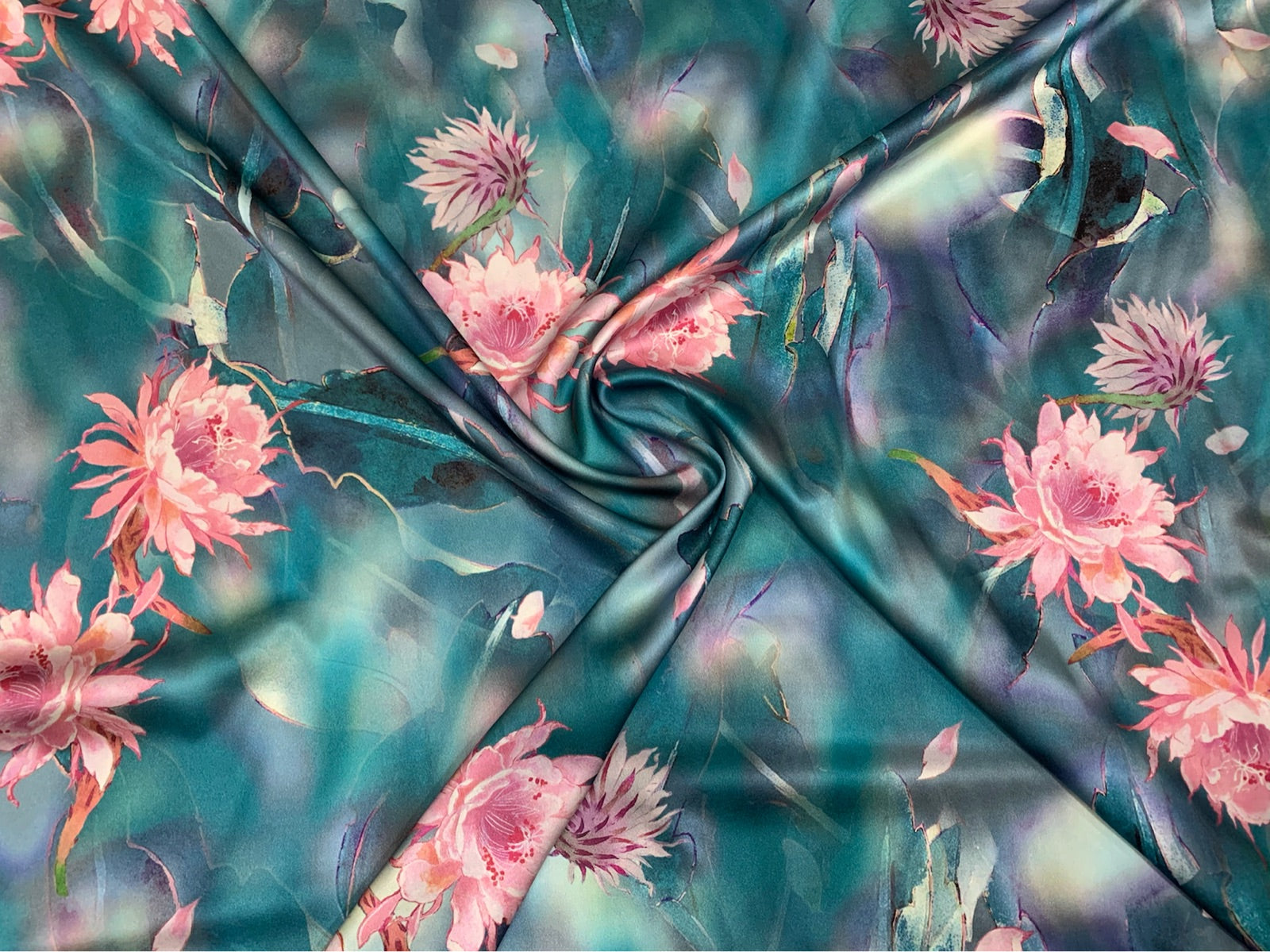 LVDPEN - 19 Momme Peony on Green Background Pattern Digital Print Stretch Silk Satin Fabric - 140cm wide by the Yard