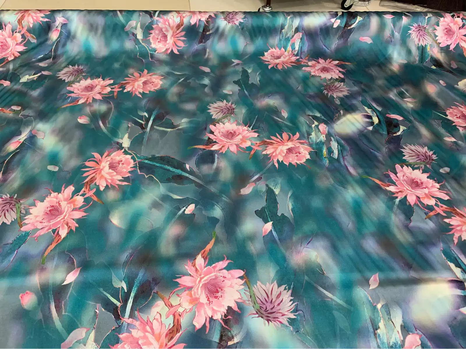 LVDPEN - 19 Momme Peony on Green Background Pattern Digital Print Stretch Silk Satin Fabric - 140cm wide by the Yard