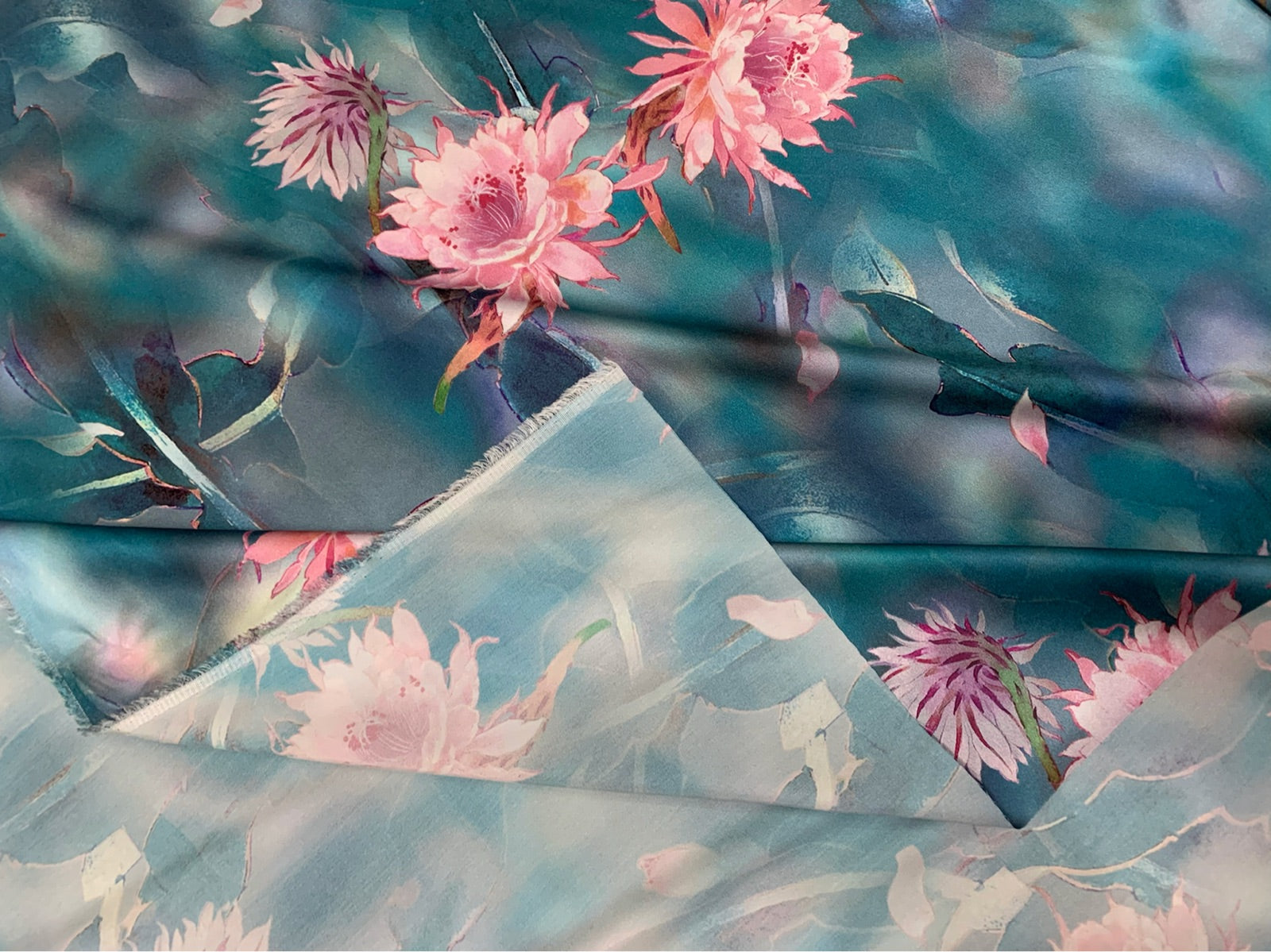 LVDPEN - 19 Momme Peony on Green Background Pattern Digital Print Stretch Silk Satin Fabric - 140cm wide by the Yard