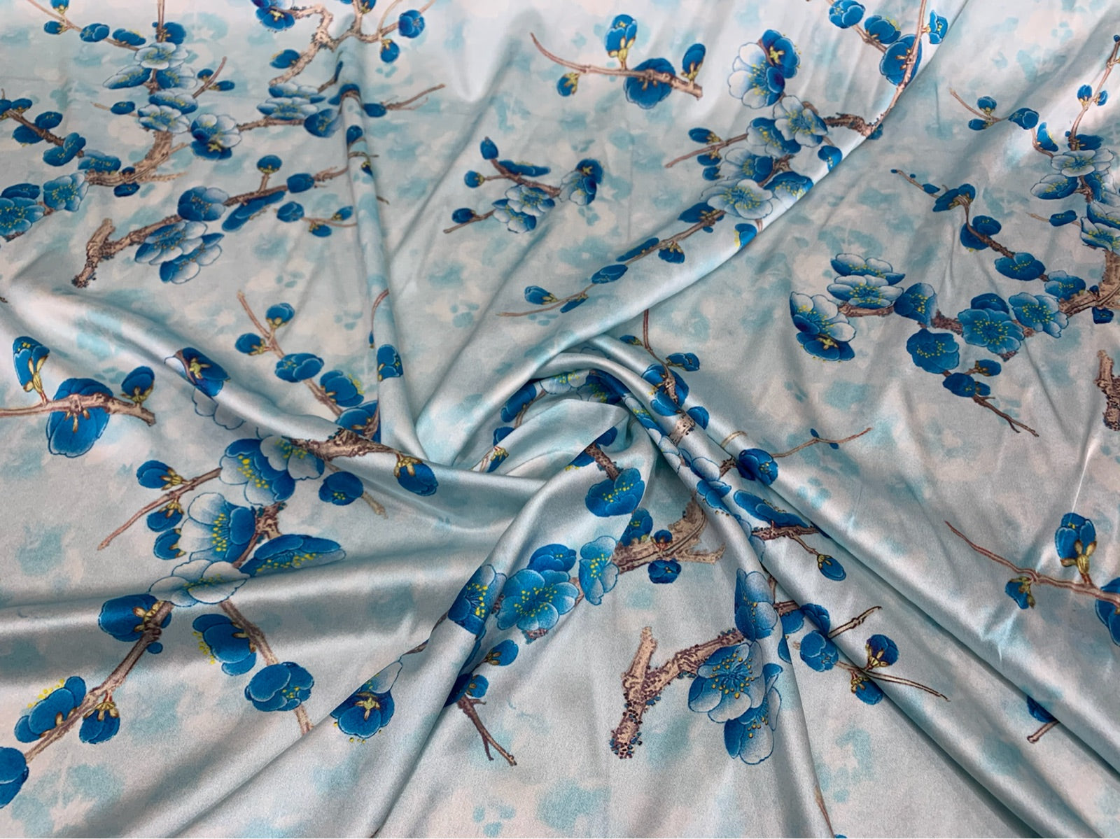 METREE - 19 Momme Elegant Orchid-colored Plum Tree with White Background Pattern Digital Print Stretch Silk Satin Fabric - 108cm wide by the Yard