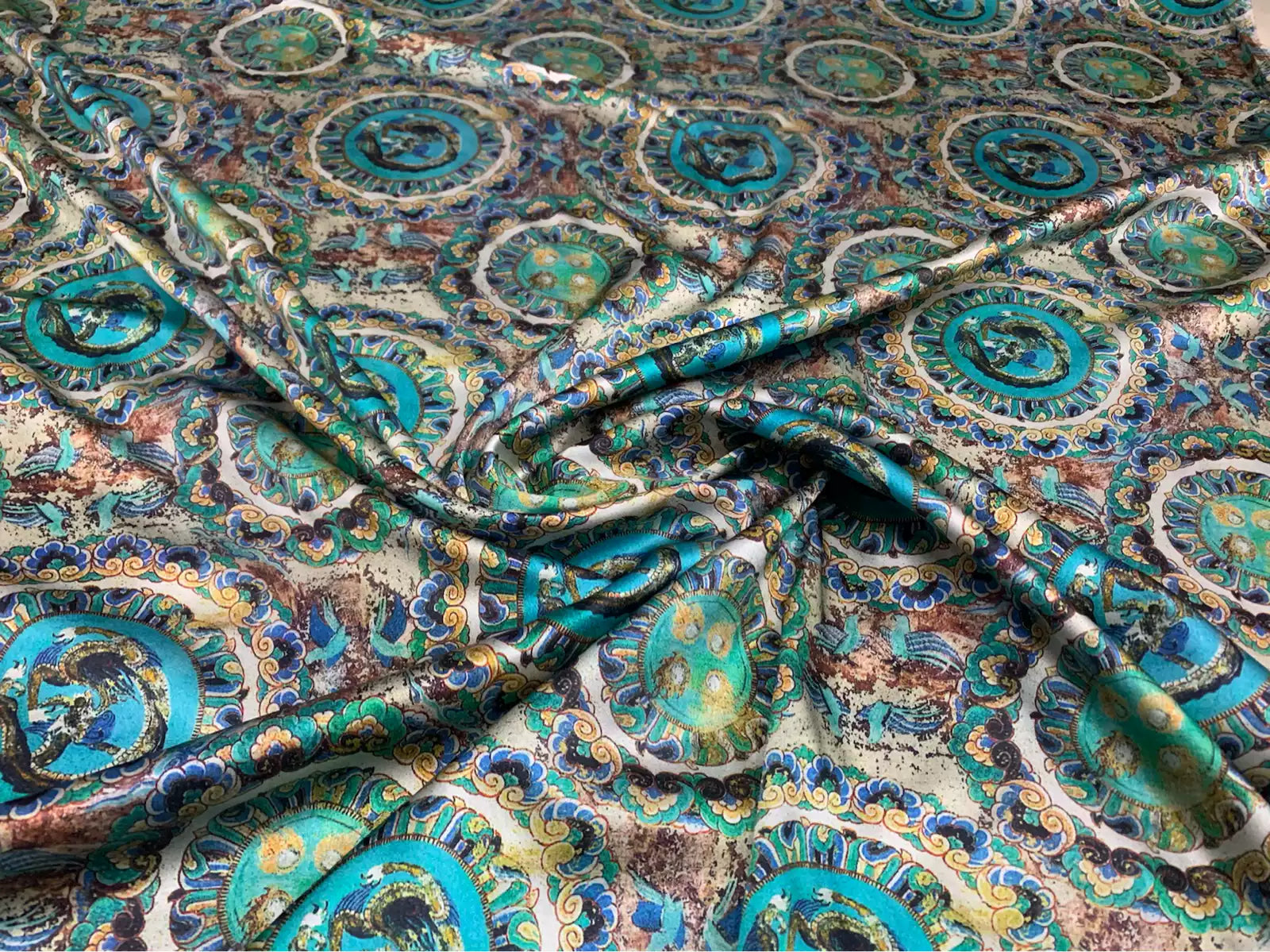 MINZOL - 19 Momme Ethnic Round Wheel Pattern Digital Print Stretch Silk Satin Fabric - 108cm wide by the Yard