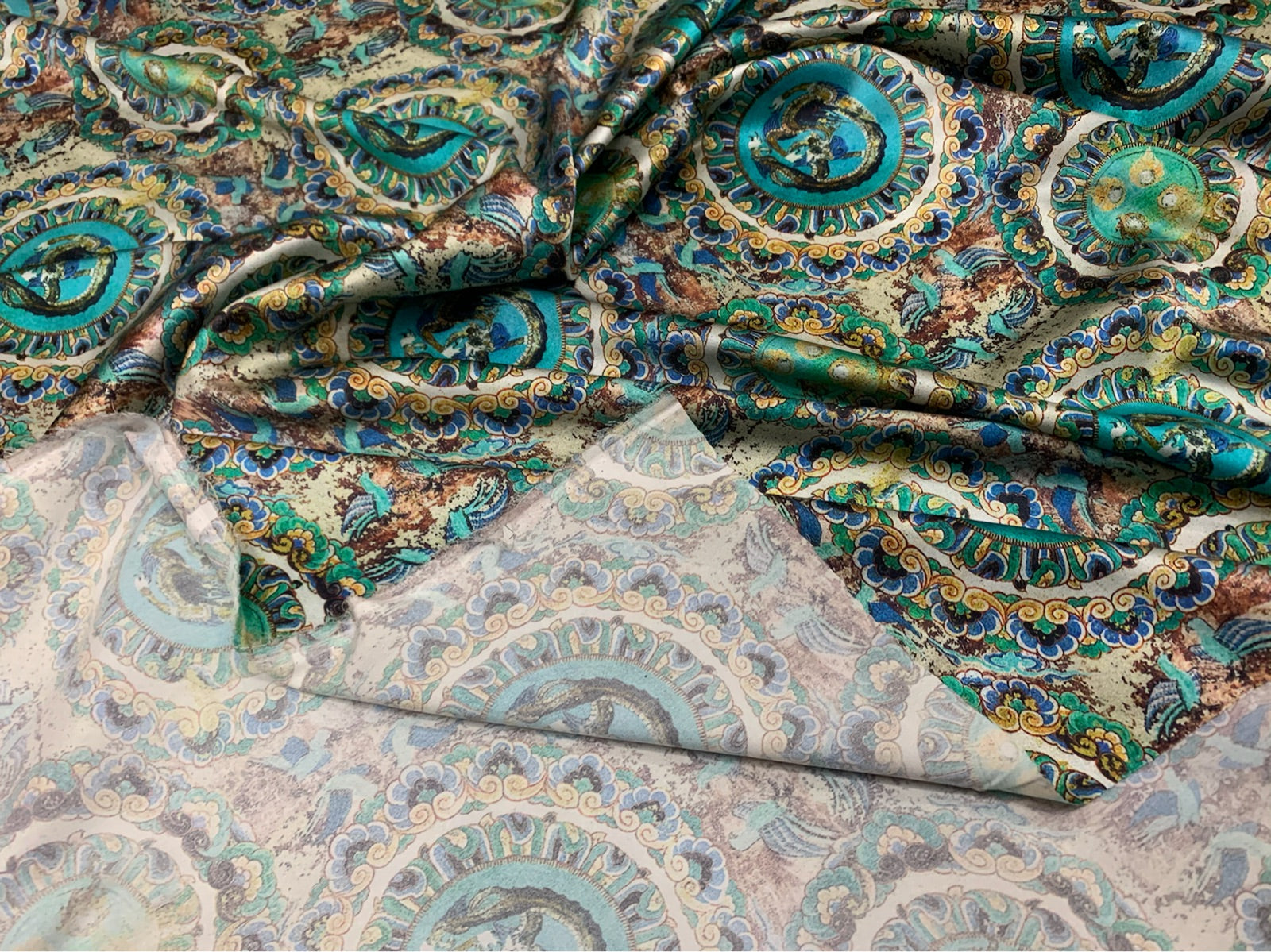 MINZOL - 19 Momme Ethnic Round Wheel Pattern Digital Print Stretch Silk Satin Fabric - 108cm wide by the Yard