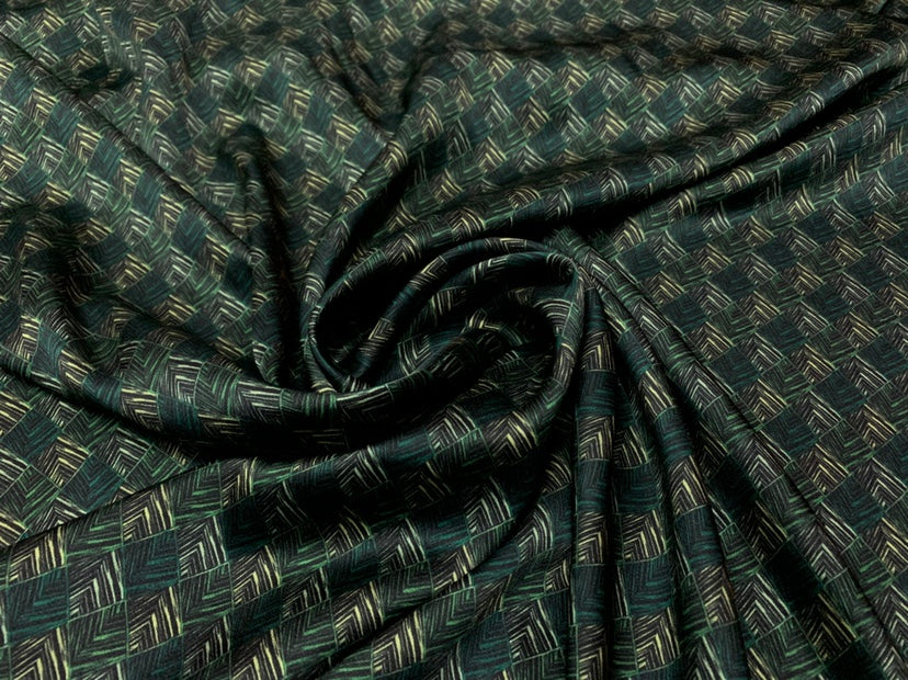MOLVLG - 19 Momme Dark Green Checkered Lines Digital Print Stretch Silk Satin Fabric - 108cm wide by the Yard