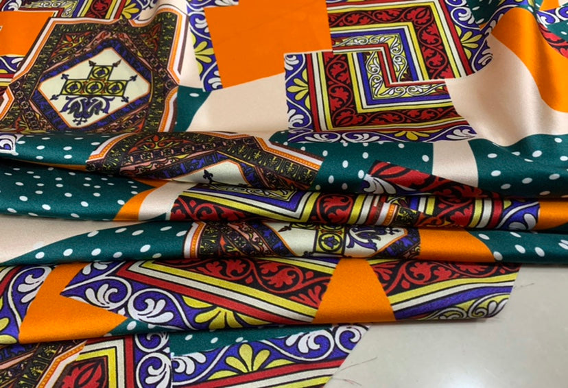 MZUFUN - 19 Momme Ethnic Style Pattern Digital Print Stretch Silk Satin Fabric - 108cm wide by the Yard