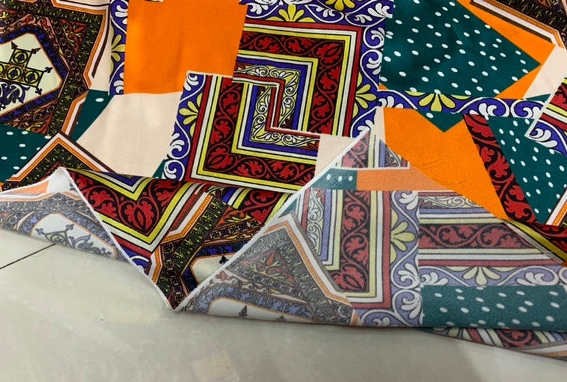 MZUFUN - 19 Momme Ethnic Style Pattern Digital Print Stretch Silk Satin Fabric - 108cm wide by the Yard