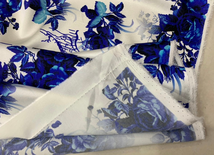 QINFAC - 19 Momme Blue and White Porcelain Pattern Digital Print Stretch Silk Satin Fabric - 140cm wide by the Yard