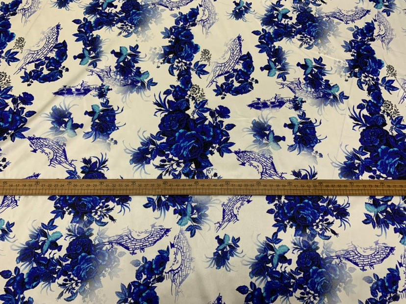QINFAC - 19 Momme Blue and White Porcelain Pattern Digital Print Stretch Silk Satin Fabric - 140cm wide by the Yard