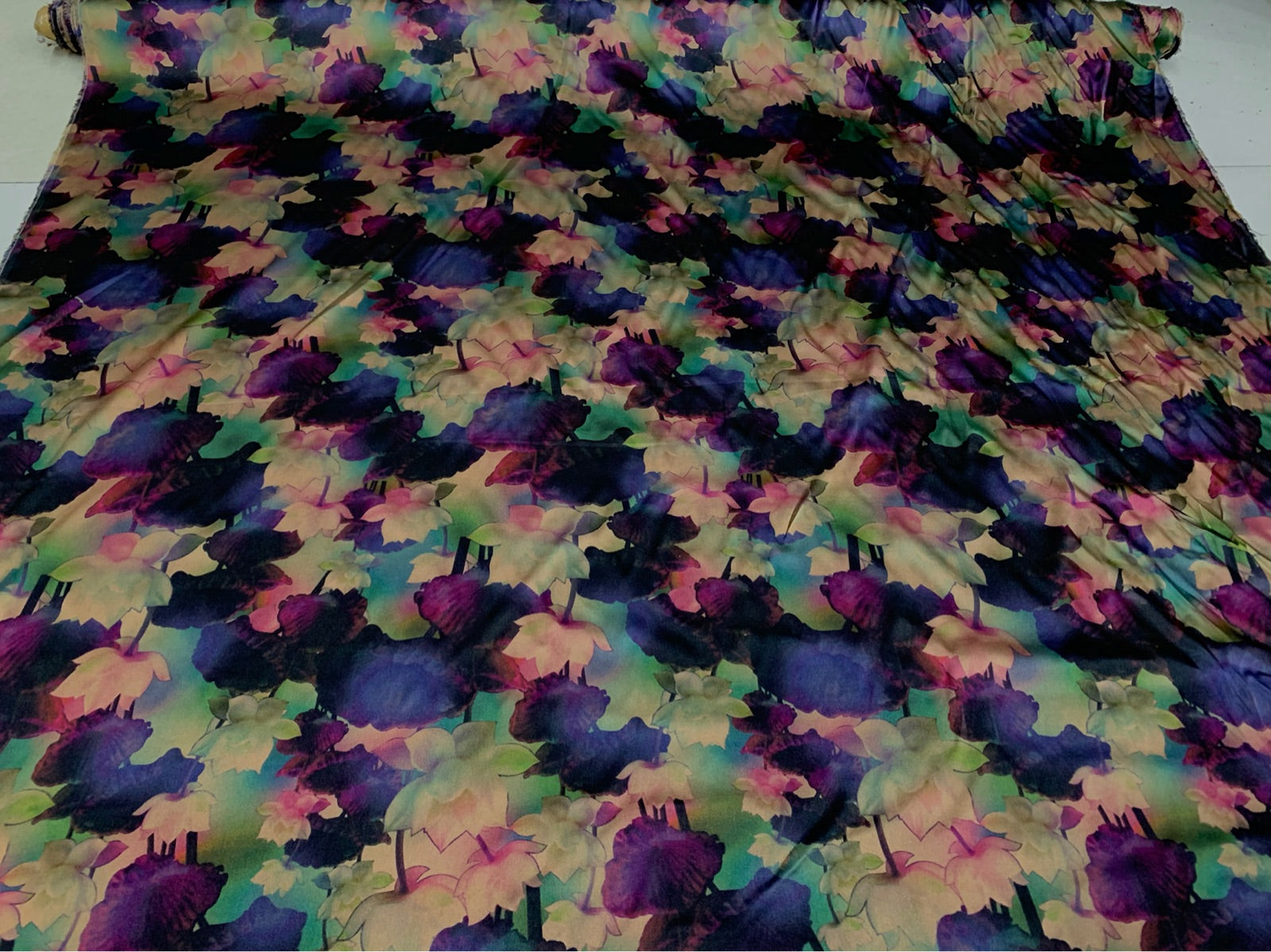 SENZFA - 19 Momme Dark Purple Flowers Pattern Digital Print Stretch Silk Satin Fabric - 108cm wide by the Yard