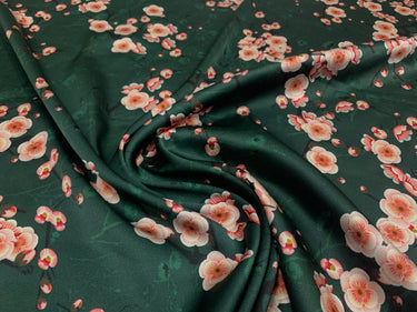 SHMLVA - 19 Momme Dark Green Peach Blossom Pattern Digital Print Stretch Silk Satin Fabric - 108cm wide by the Yard