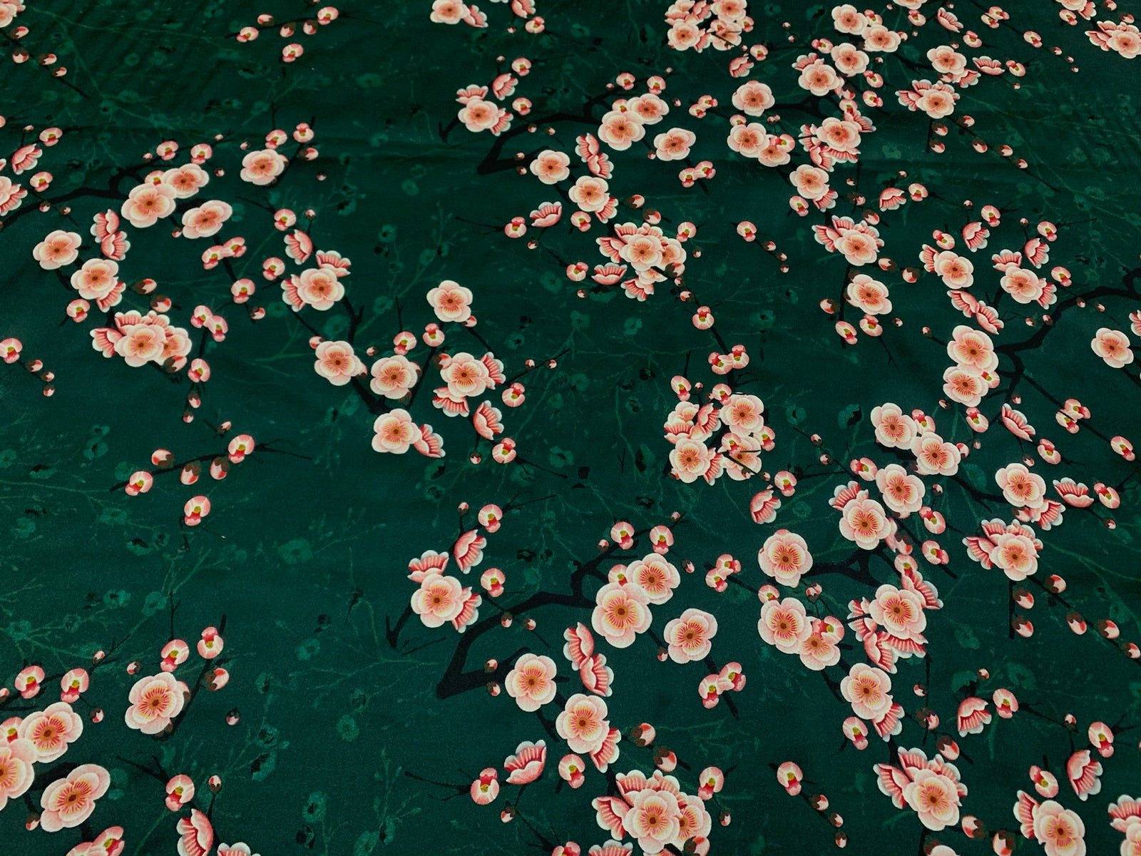 SHMLVA - 19 Momme Dark Green Peach Blossom Pattern Digital Print Stretch Silk Satin Fabric - 108cm wide by the Yard