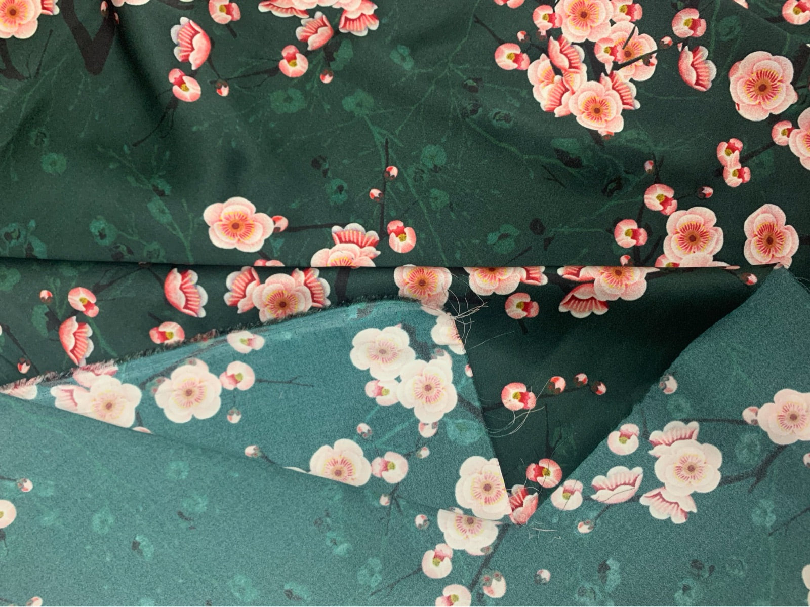 SHMLVA - 19 Momme Dark Green Peach Blossom Pattern Digital Print Stretch Silk Satin Fabric - 108cm wide by the Yard