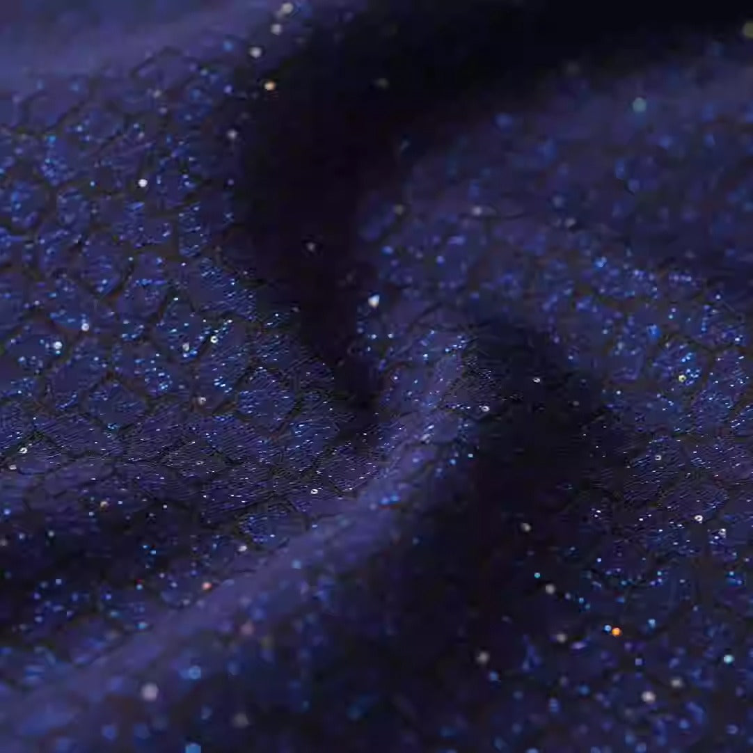 SJKSM001 - Jacquard silk wool blend fabric, navy blue,140cm wide by the yard