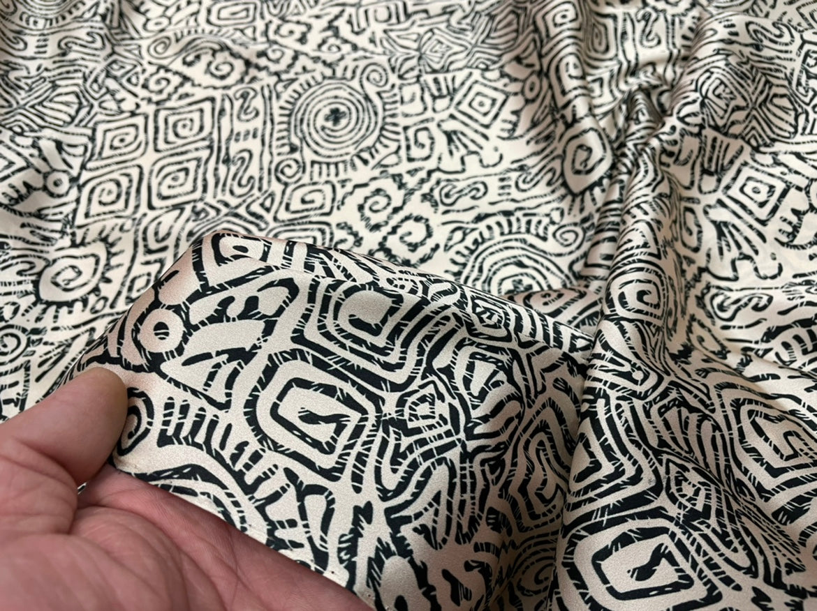 TUANXA - 19 Momme Pictographic Geometry Pattern Digital Print Stretch Silk Satin Fabric - 108cm wide by the Yard