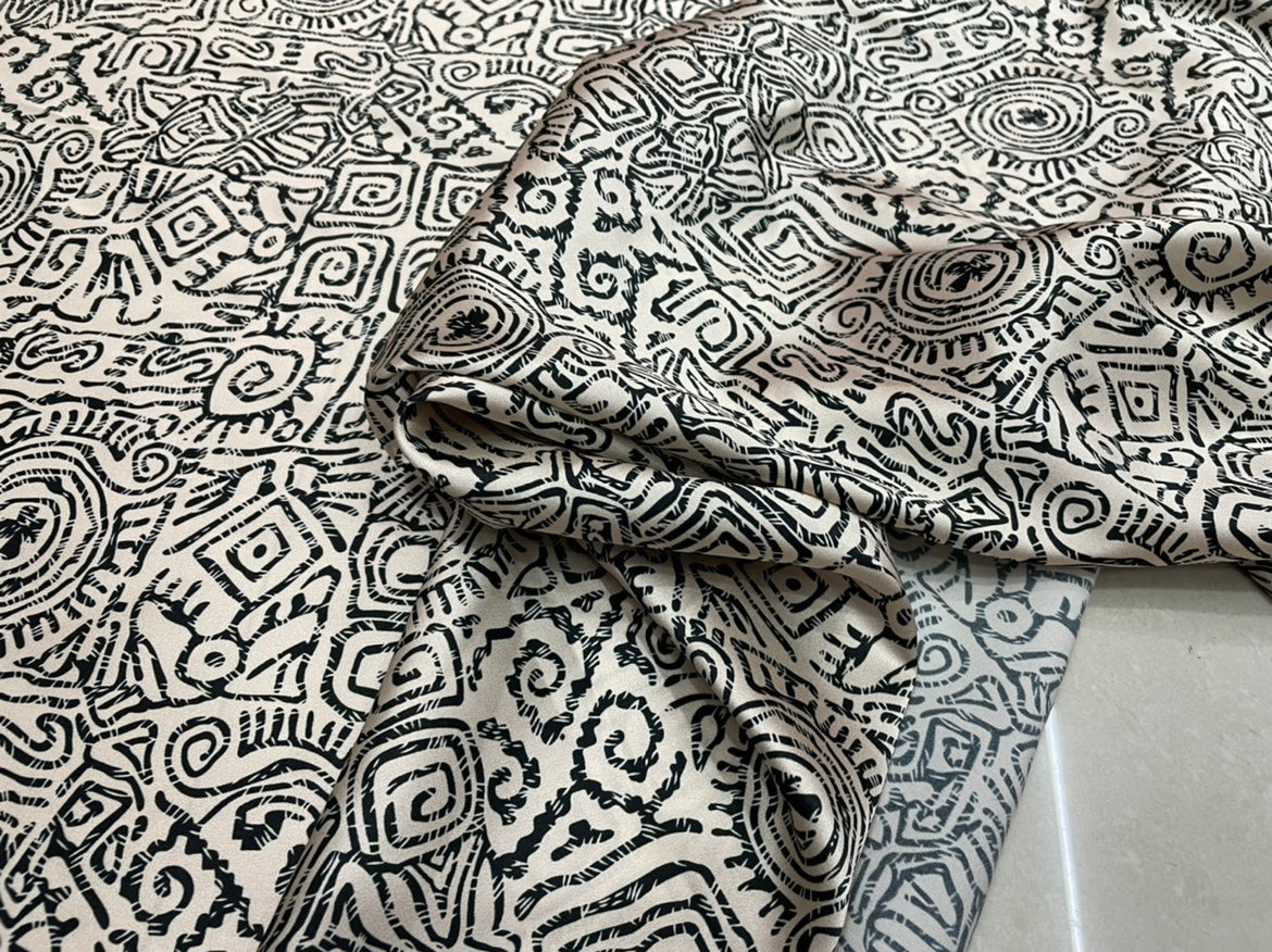 TUANXA - 19 Momme Pictographic Geometry Pattern Digital Print Stretch Silk Satin Fabric - 108cm wide by the Yard