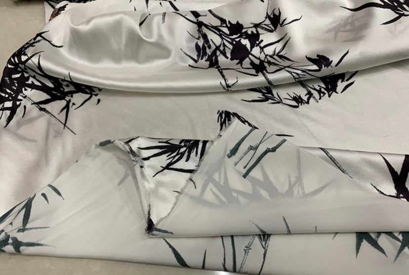 WENZUN - 19 Momme Bamboo Pattern Digital Print Stretch Silk Satin Fabric - 108cm wide by the Yard