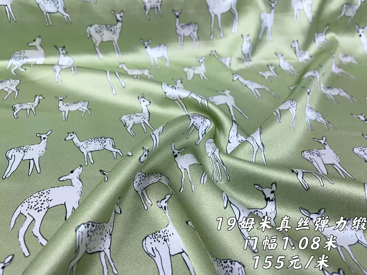 XIMILU - 19 Momme Animal Little Elk Pattern Digital Print Stretch Silk Satin Fabric - 108cm wide by the Yard
