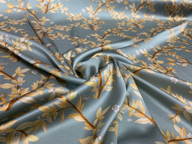XINKAN - 19 Momme Mist Blue Background Flowers Pattern Digital Print Stretch Silk Satin Fabric - 140cm wide by the Yard