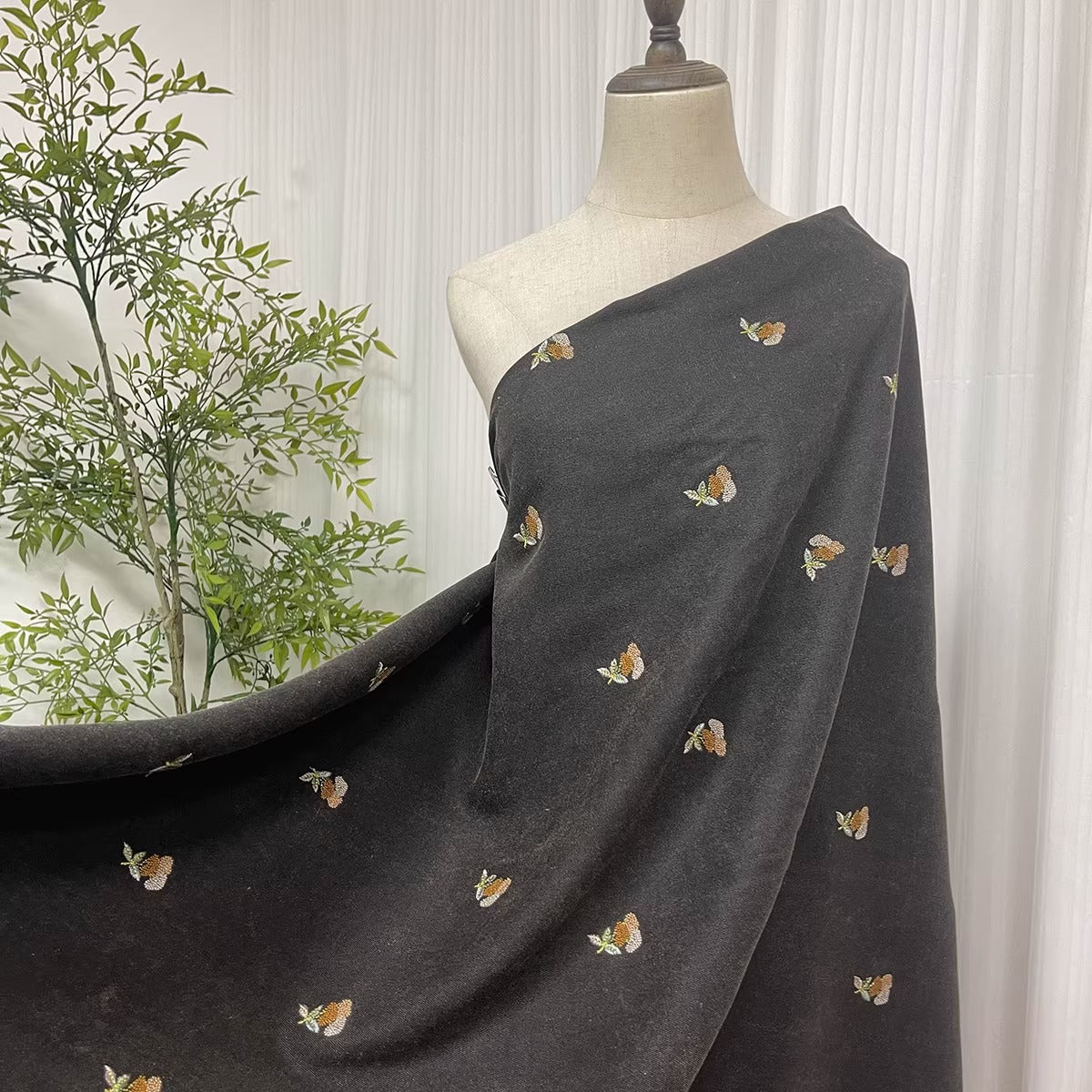 XYZCCX001 - Embroidered Tussah Mud Silk, Floral 60 Momme 110cm wide by the Yard