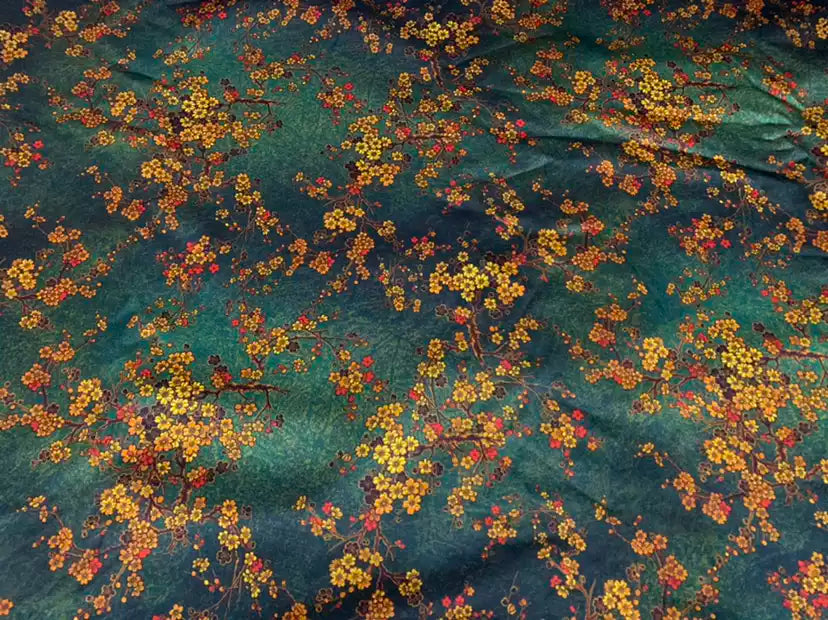 YEMEIF - 19 Momme Yellow Plum Blossom Pattern Digital Print Stretch Silk Satin Fabric - 108cm wide by the Yard